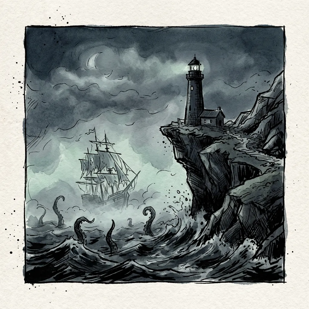 Faro solitario sobre un acantilado nocturno con un barco fantasma entre la niebla.