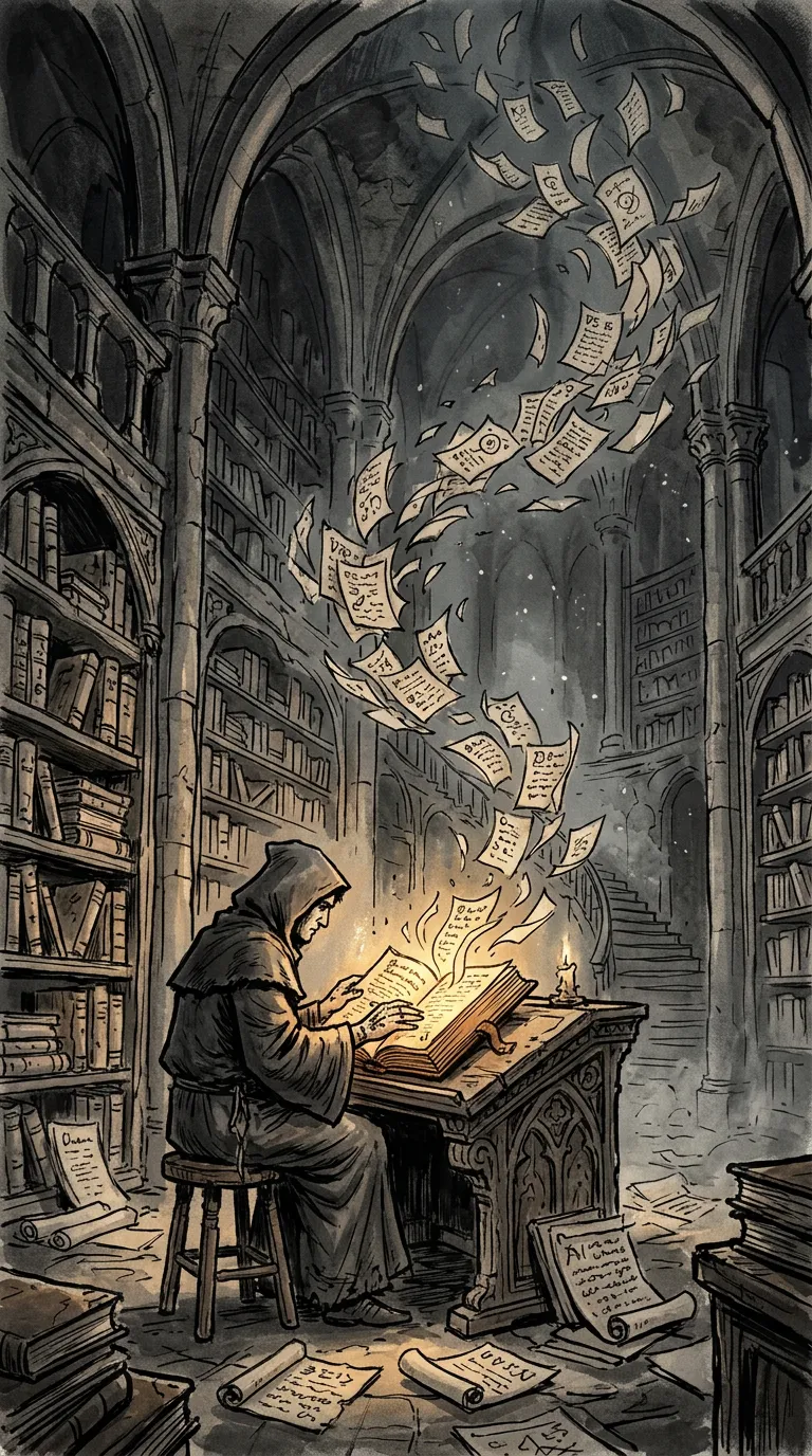 Escriba encapuchado leyendo un libro luminoso en una biblioteca en ruinas.