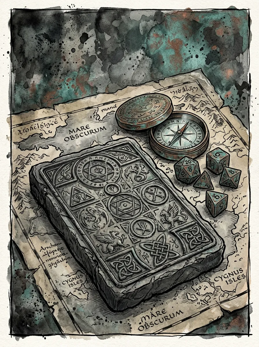 Tablilla de piedra grabada con dados y una brújula sobre un mapa.