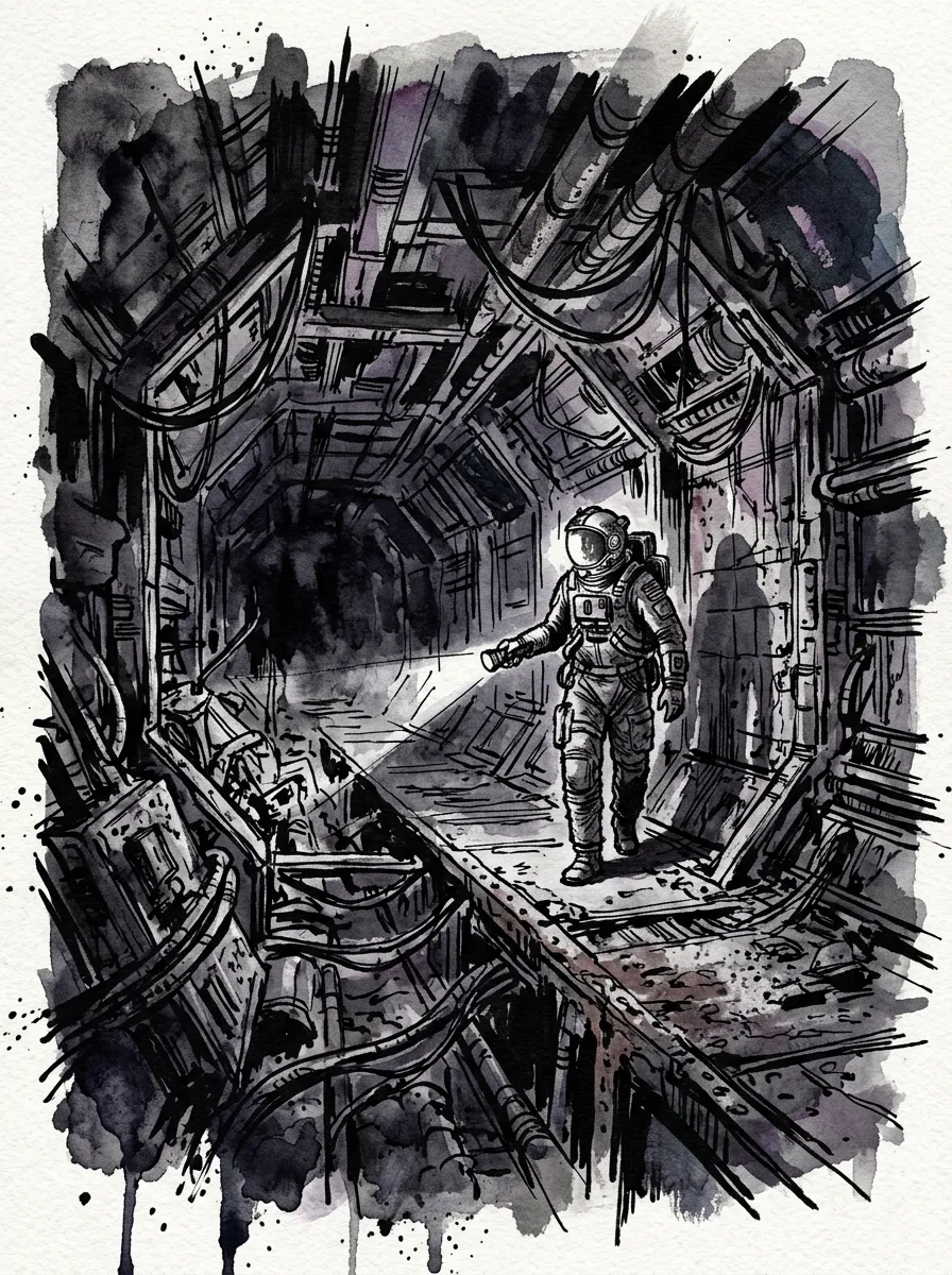Figura con traje espacial y linterna en el pasillo de una nave abandonada.